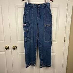 Vintage 90s Fubu The Collection Cargo Jeans Baggy Dark Wash Y2K Streetwear 28